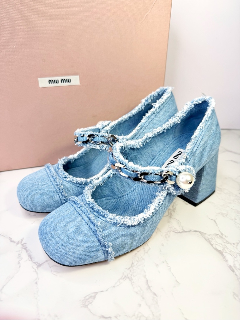 Miu Miu Decollette Denim Mary Jane Block Heels with Pearl Chain - Picture 2 of 15